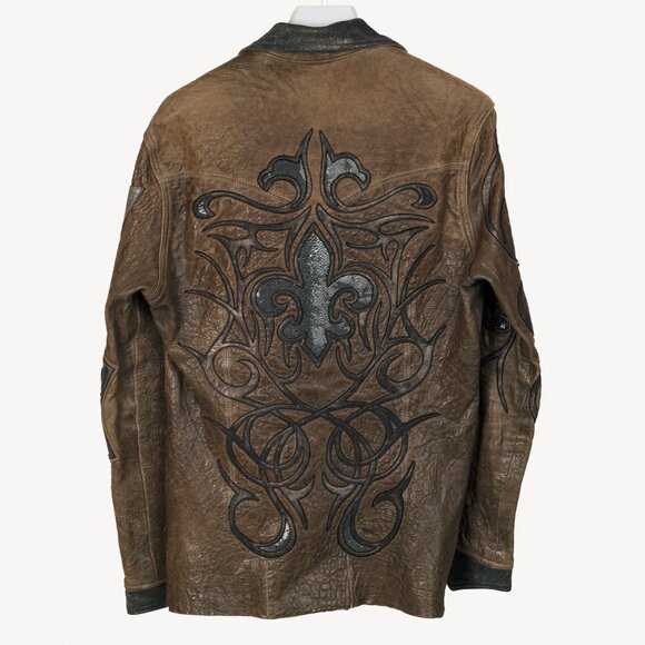 Logan Riese Brown Leather Metallic-Applique Jacket - Picture 2 of 10